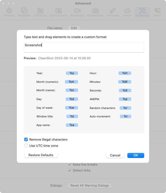 Screenshot: CleanShot X: Settings: Advanced: File name: Edit