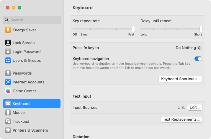 Screenshot: macOS: Settings: Keyboard