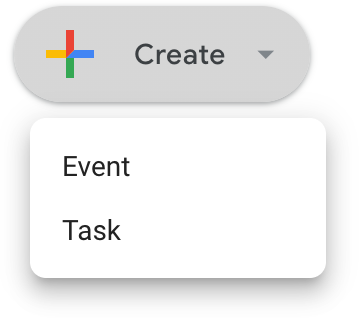 Screenshot: Google Calendar: The “Create” submenu with two options: “Event” and “Task”