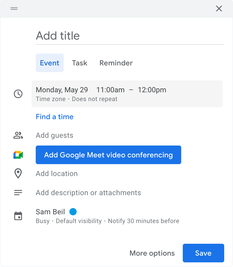 Screenshot: Create event view with the meeting time highlighted