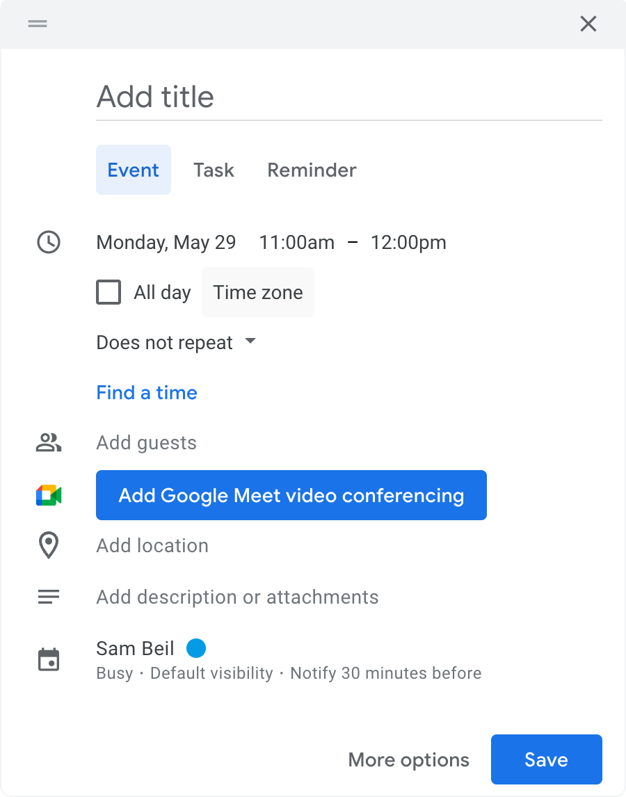 Screenshot: Create event view with the “Time zone” button highlighted