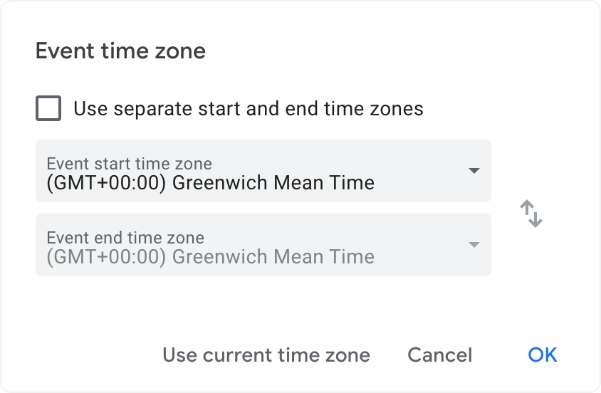 Screenshot: Event time zone settings